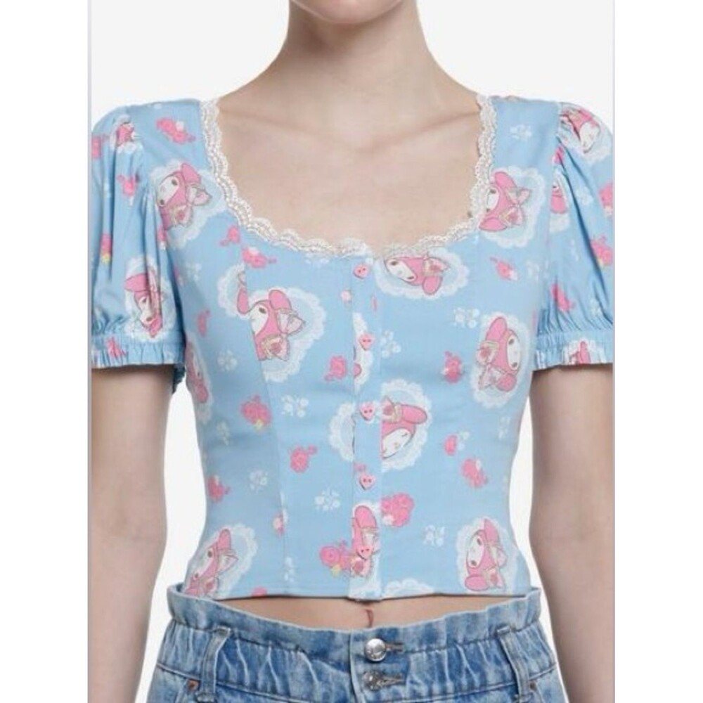 Sanrio My Melody Lace Peasant Top Hot Topic Blue Puff Sleeve Blouse Size Large